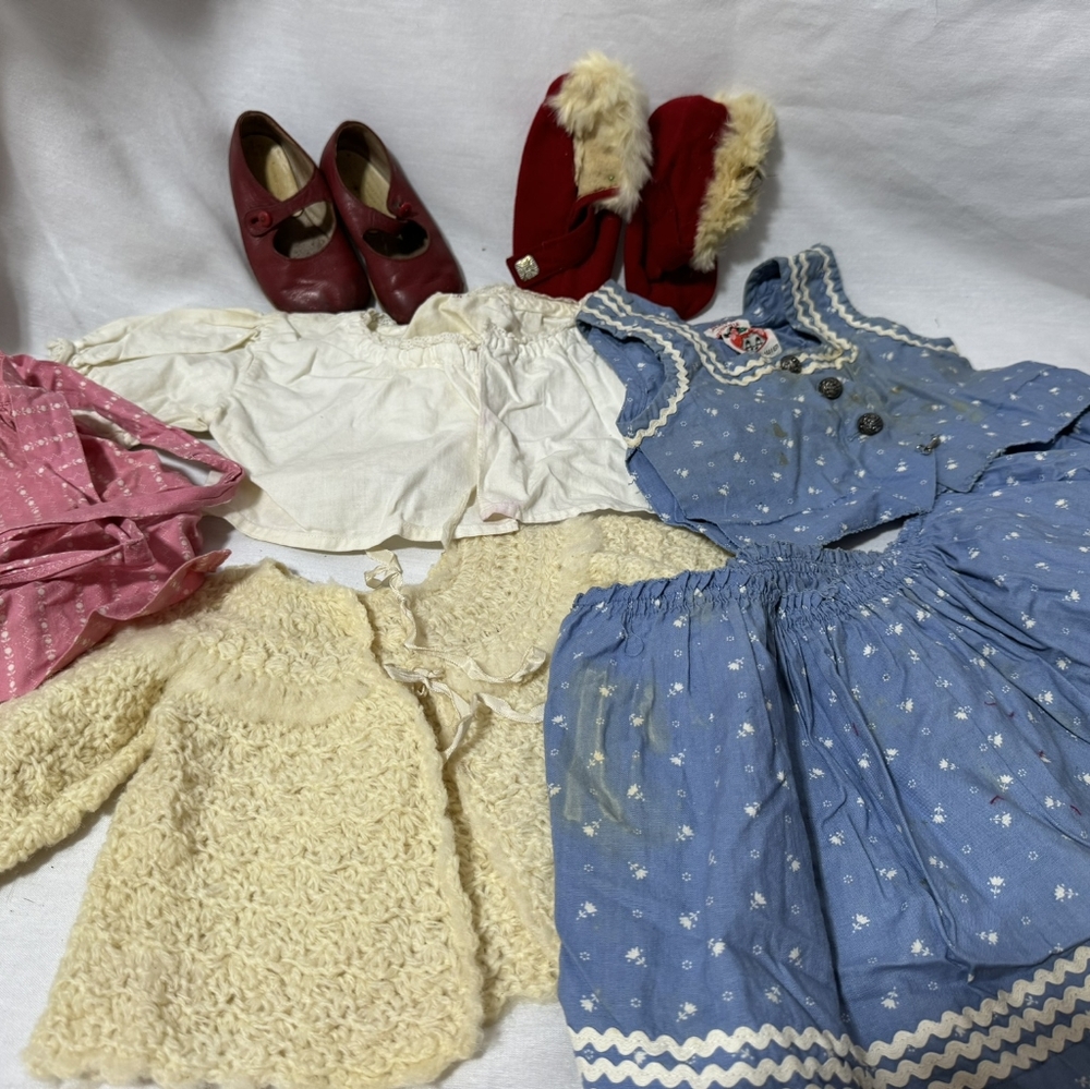 LOTs of vintage children's clothes shoes apron slipper shirt sweater skirt & top